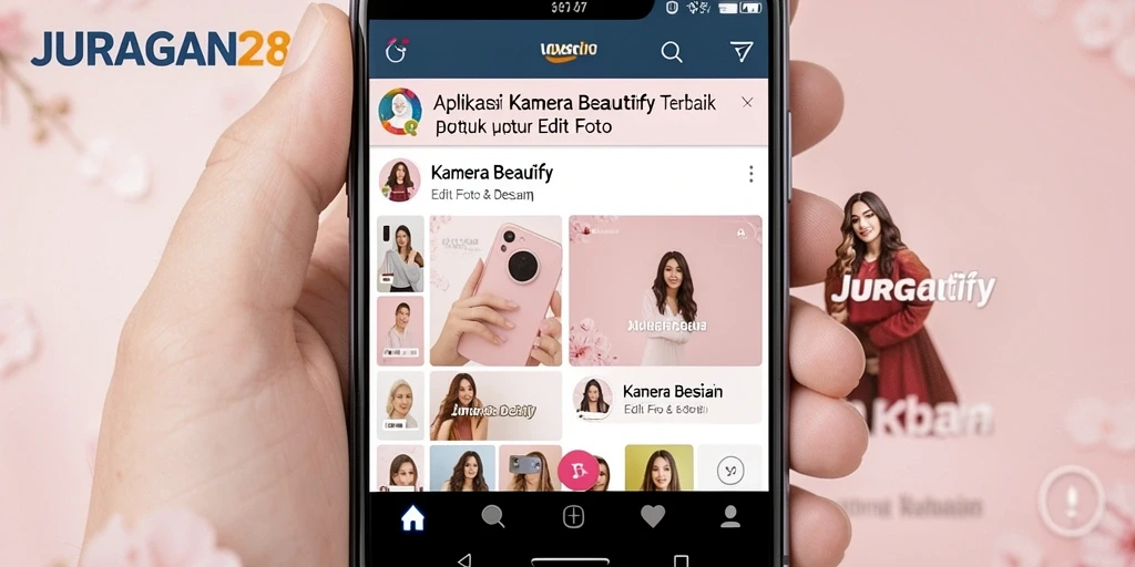 Antarmuka aplikasi JURAGAN28 dengan fitur Kamera Beautify yang menarik.