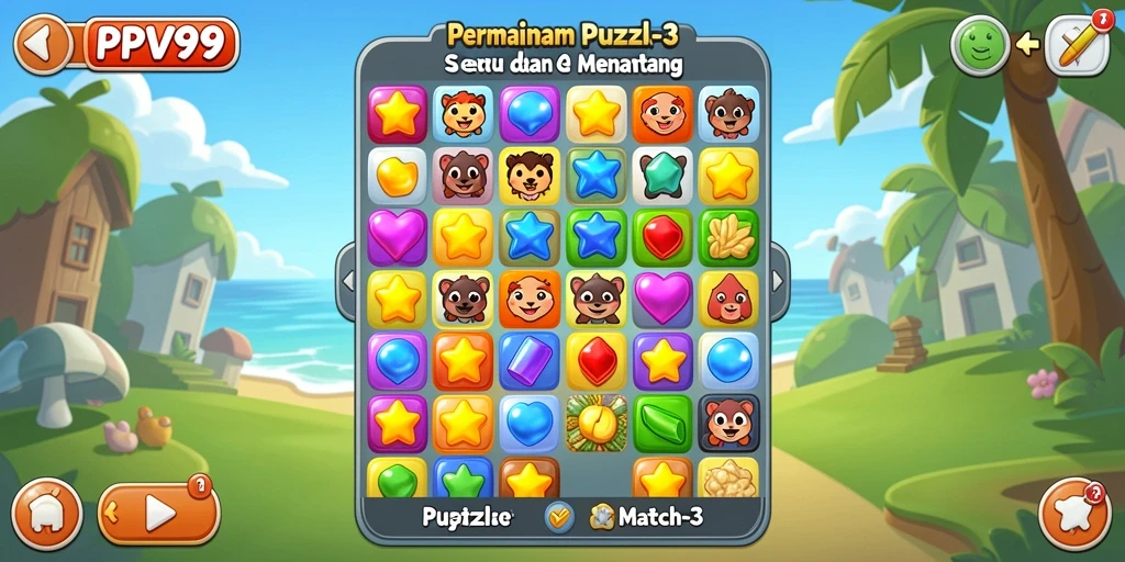 Tampilan antarmuka permainan Puzzle Match-3 yang menarik dan penuh warna.